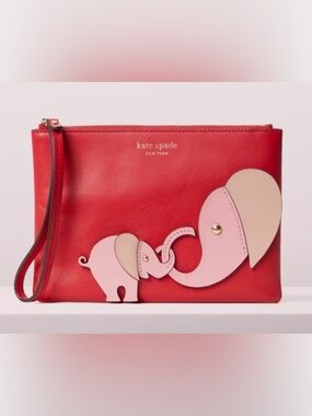 kate spade Red Leather Clutch with Pink Elephant Appliqués
